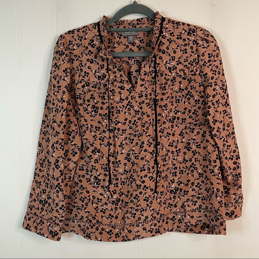 J. Crew Point Sur Tan Black Floral Silk Top